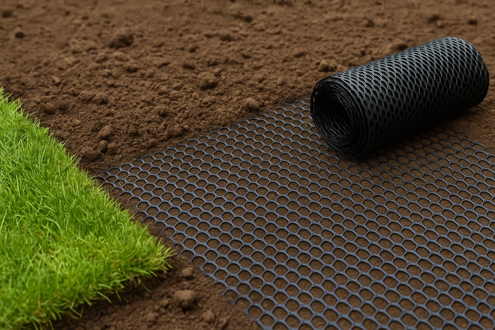 Czarna sześciokątna siatka na krety rozwijana na przygotowanej glebie obok trawnika